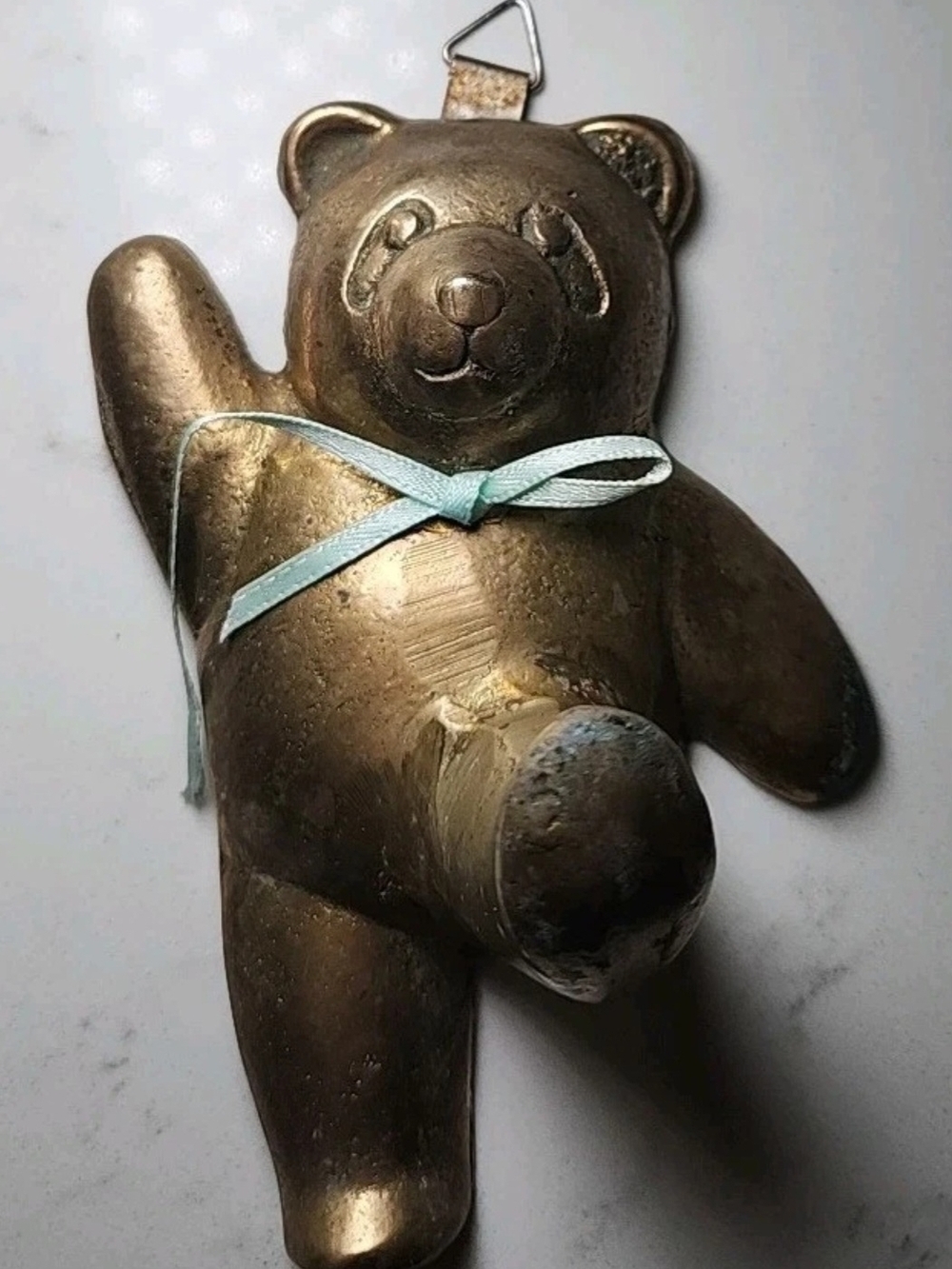 Vintage Brass Teddy Bear Wall Hook Accent with Blue Ribbon